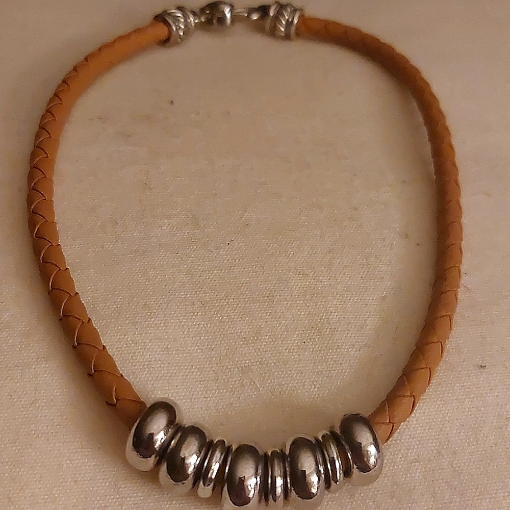 Brighton braided leather necklace with silver tone circles